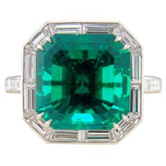 Columbian Emerald & Baguette Cut Diamond Platinum Ring