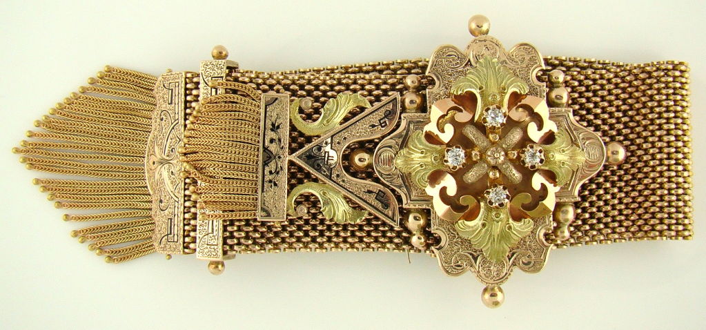 Victorian Tri-Color Gold Mesh & Tassel Bracelet 1
