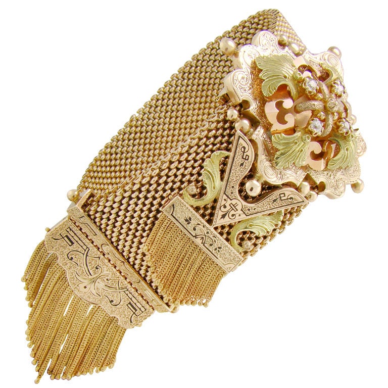 Victorian Tri-Color Gold Mesh & Tassel Bracelet