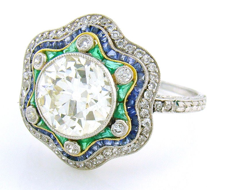 Charming Antique Diamond, Emerald and Sapphire Handmade Ring at 1stDibs