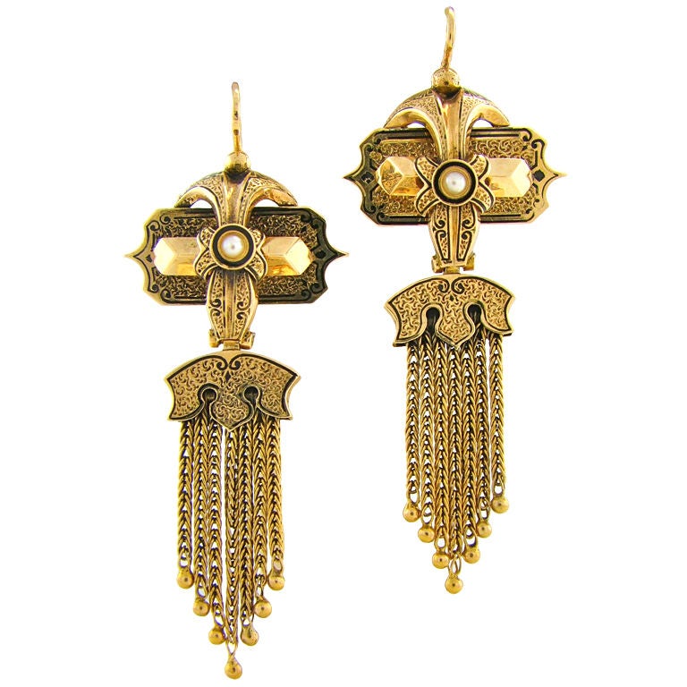 Victorian Pearl & Enamel Tassel Drop Earrings