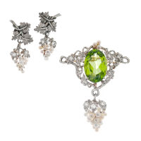 Peridot/Pearl/Diamond Brooch/Pendant and Earring Set