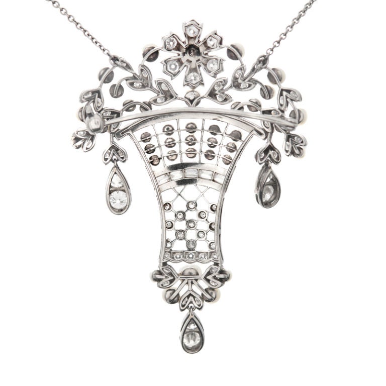 Edwardian  Diamond Pearl  Enamel Brooch Pendant In Excellent Condition In Carmel-by-the-Sea, CA