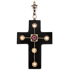 Victorian Onyx, Ruby, Pearl & Yellow Gold Cross w/ Original Box