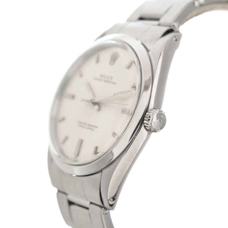 A Rolex ref #1018, the case diameter measuring 36mm. This ref #1018 is very sharp looking with its steel on steel design. The bracelet is the original riveted bracelet, easily distinguished from the subsequent oyster bracelet without rivets. The