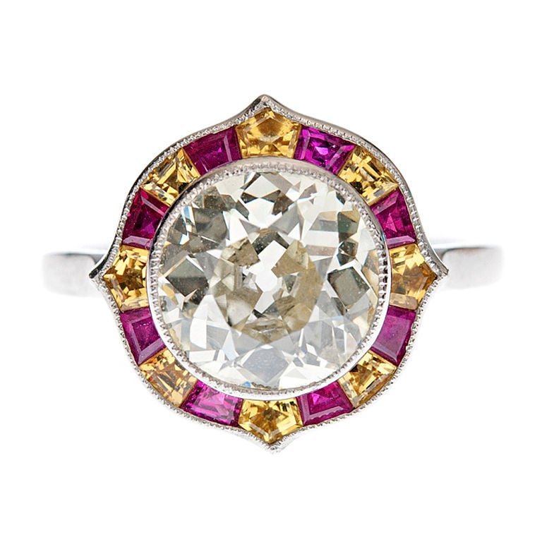 Old European Cut Diamond, Ruby and Yellow Sapphire Ring at 1stDibs