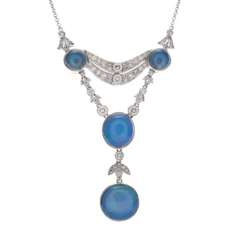 Opal, Diamond and Platinum Handmade Necklace at 1stdibs