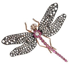 Antique Diamond, Ruby & Gold Large Dragonfly Broach