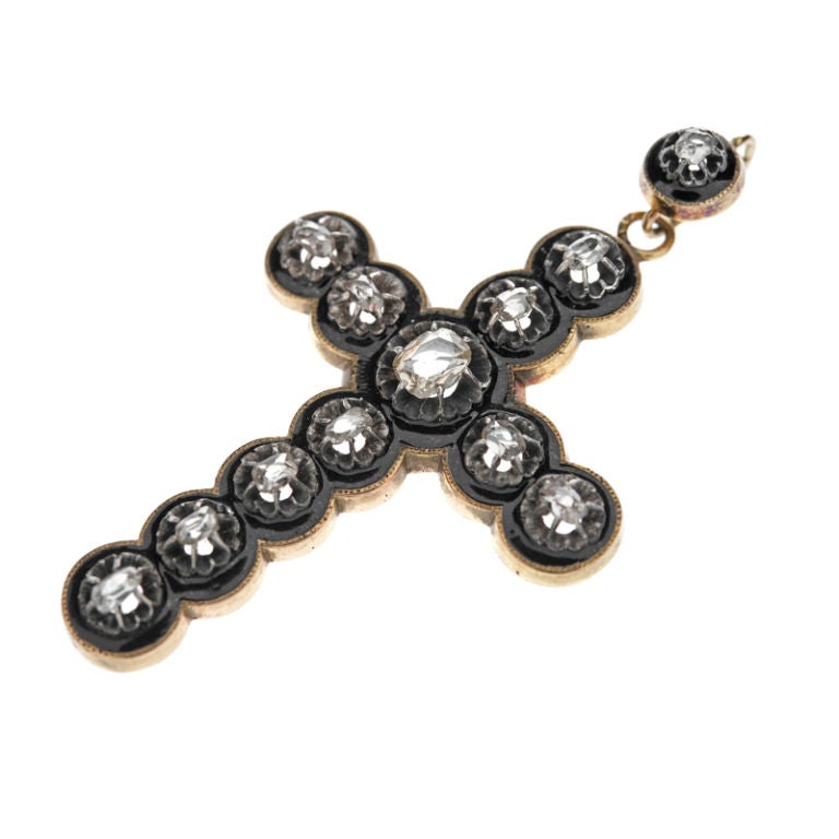 Victorian Diamond, Black Enamel & Gold Large Cross Pendant measuring approximately 3 inches high from the top of the bail by approximately 1-3/4 inches wide. A finely handmade cross circa 1850, both interesting and beautiful!