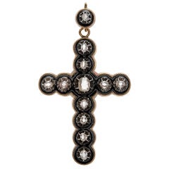 Victorian Diamond, Black Enamel & Gold Cross Pendant