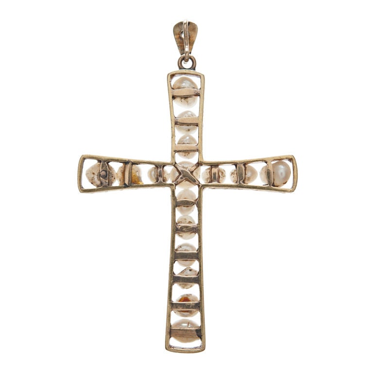 Edwardian Natural Pearl & Gold Cross Pendant