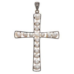 Edwardian Natural Pearl & Gold Cross Pendant