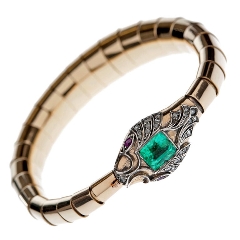 Victorian Emerald Ruby Diamond Silver Gold Snake Bracelet