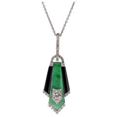 Antique Art Deco Jade Onyx Diamond & Platinum Pendant