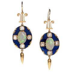Victorian Opal Diamond Enamel & Yellow Gold Drop Earrings