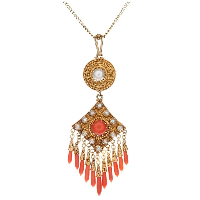 Victorian Coral Natural Pearl Gold Etruscan Pendant
