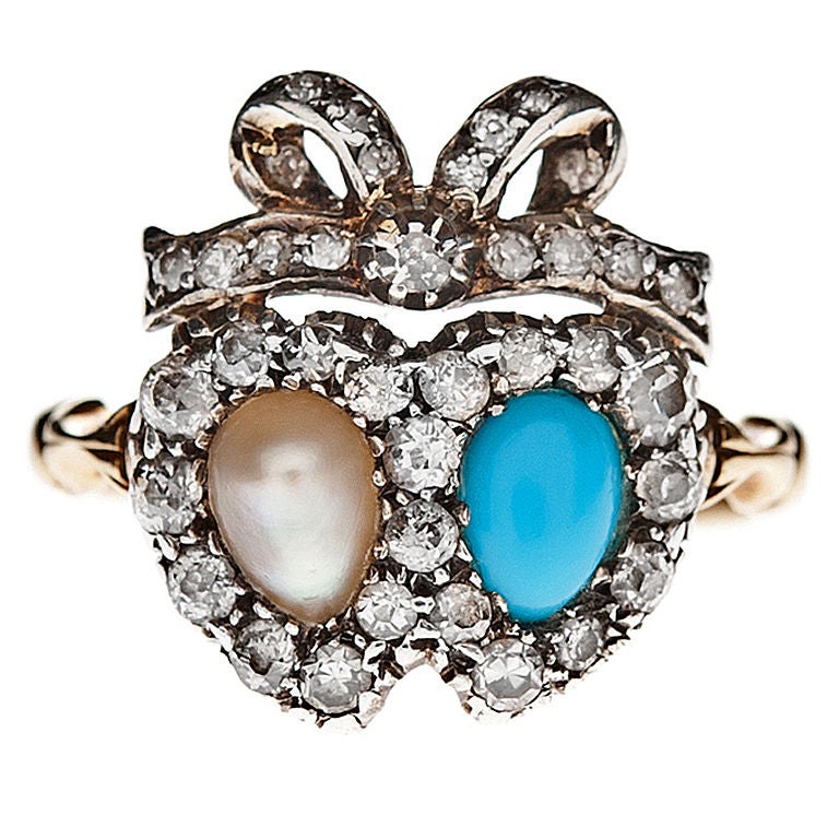 Victorian Natural Pearl Turquoise  and Diamond Antique Ring  