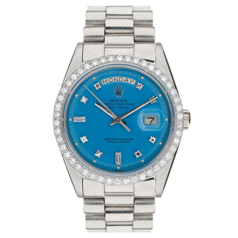 ROLEX Rare Platinum Blue "Stella"  Dial & Diamond Bezel Watch