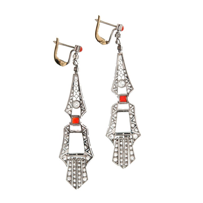 Art Deco Platinum, diamond, onyx & coral dangle earrings