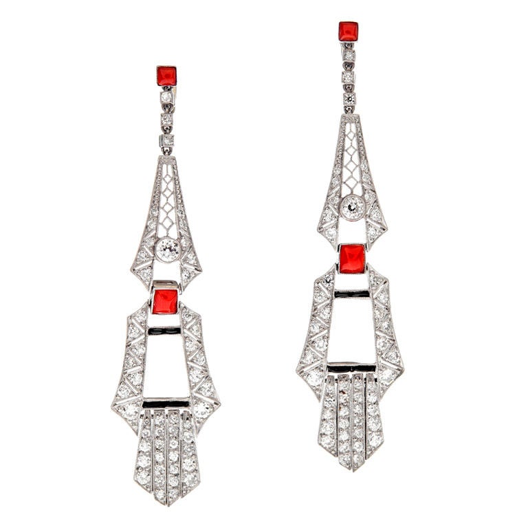 Platinum, diamond, onyx & coral dangle earrings