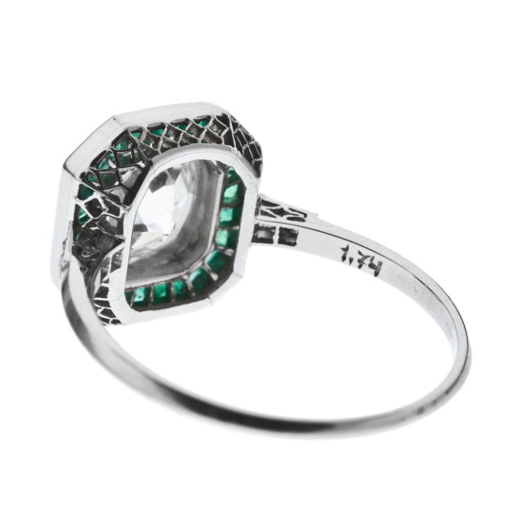 Women's Old European Cut Diamond Emerald Platinum Ring