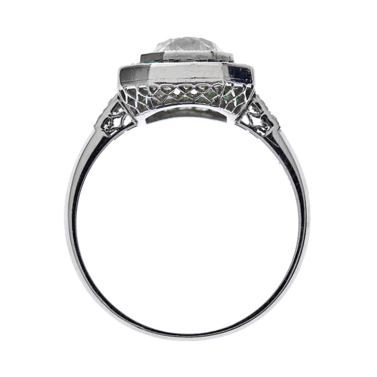 Old European Cut Diamond Emerald Platinum Ring 1
