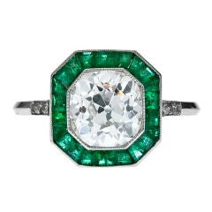 Old European Cut Diamond Emerald Platinum Ring