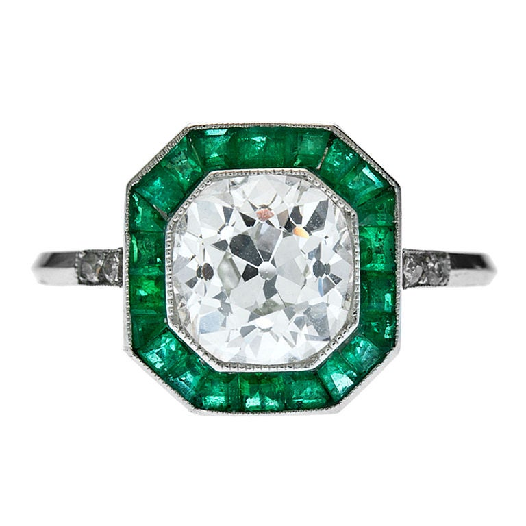 Old European Cut Diamond Emerald Platinum Ring