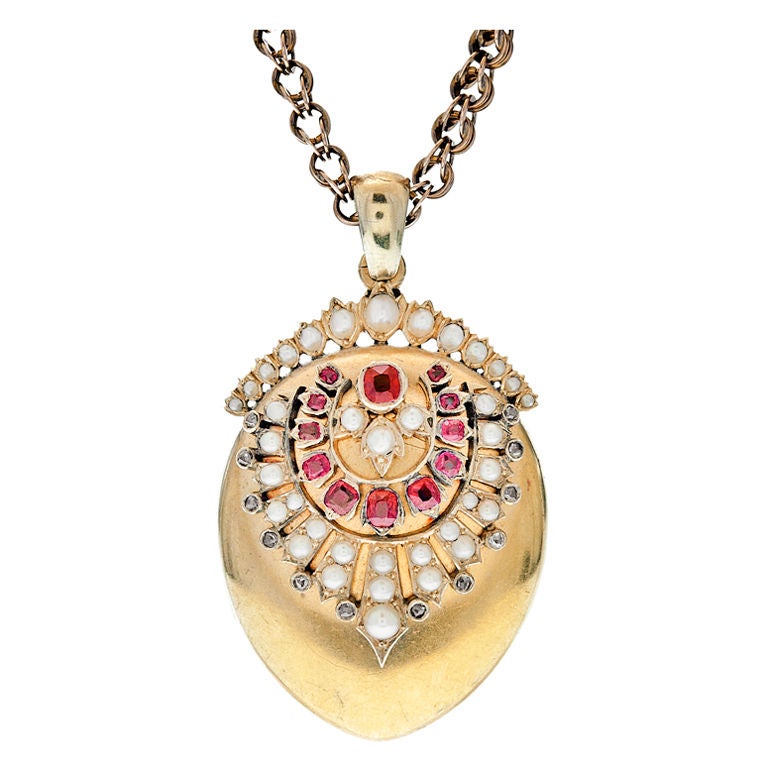 Victorian Ruby Diamonds Pearl Yellow Gold Locket