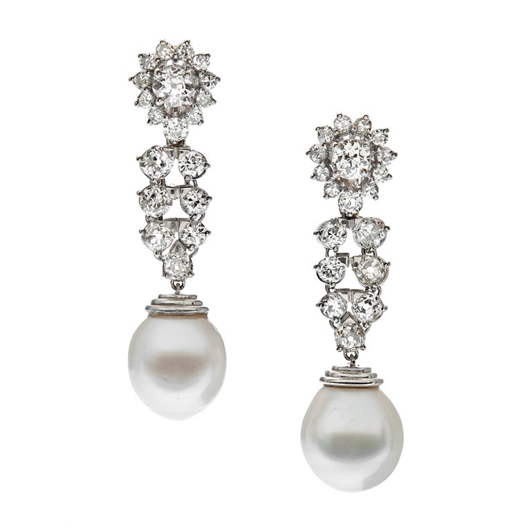 Important Diamond Pearl Platinum Earrings