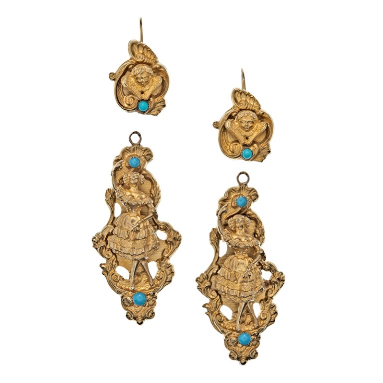 Victorian Ballerina "Detachable" Yellow Gold Turquoise Earrings