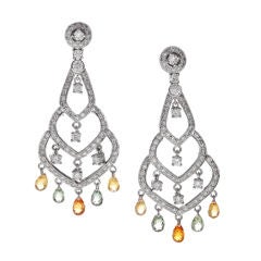 Briolette Cut Colored Sapphire Diamond French Chandelier Earring