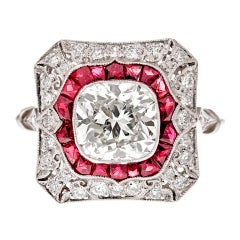 Cushion Cut Diamond Ring with Ruby Accents