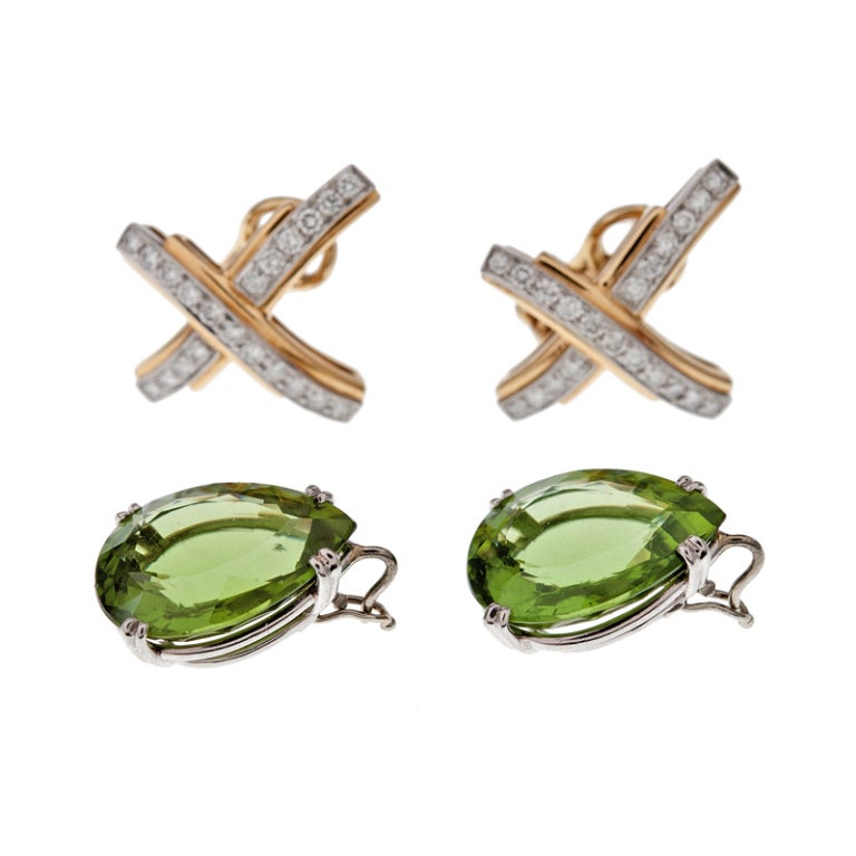 TIFFANY & Co. Handmade Large Peridot and Diamond 18 karat yellow Gold Detachable Drop Earrings.  From the top of the earring to the bottom of the peridot the earring measures approximately 1-3/4 inches.  Each peridot can easily be removed to have a
