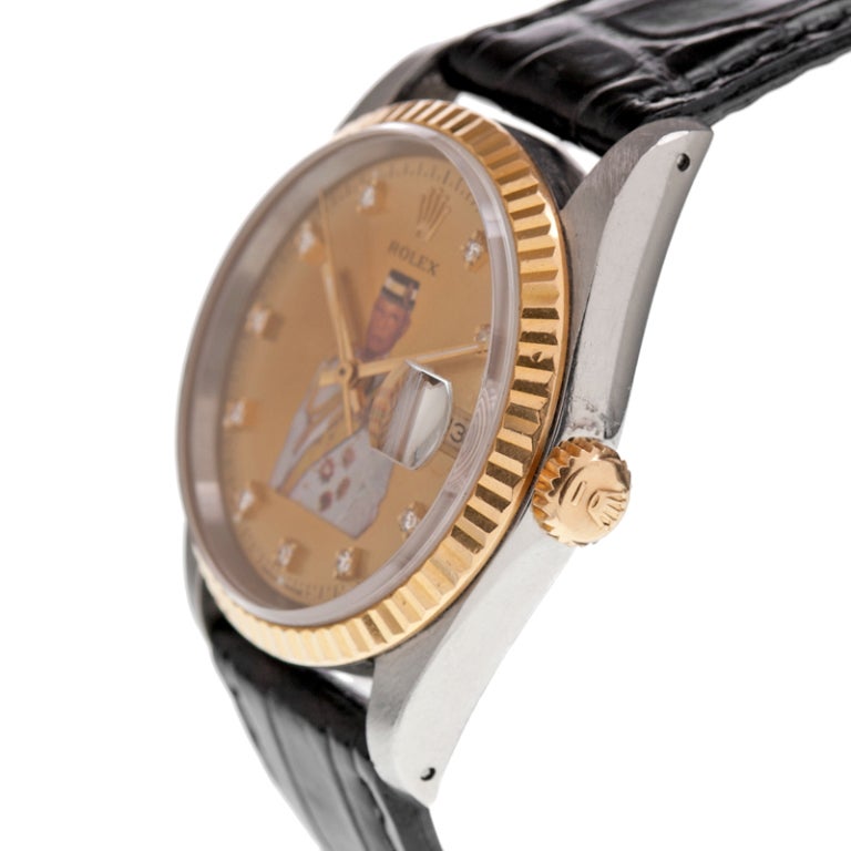 This watch is original factory Rolex! Rolex used to offer special services to their important Middle Eastern clients that, on occasion, even included putting their likeness on the dial of their watch. This is a great example, with diamond markers,