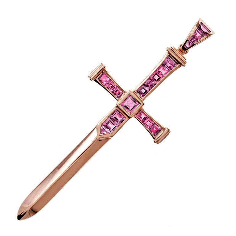 Garrard Pink Tourmaline Gold "Sword" Pendant