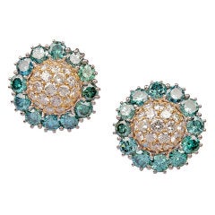 Irradiated Blue Diamond White Diamond Cluster Earrings Clip-On