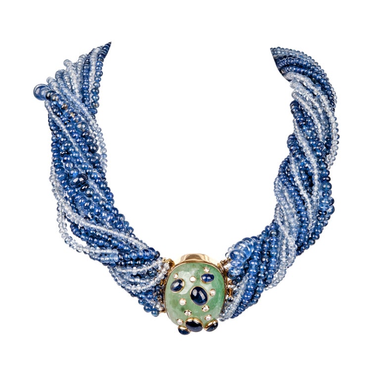 Sapphire Emerald Diamond Yellow Gold Multistrand Necklace