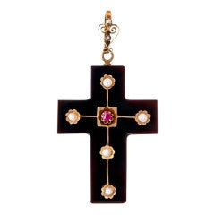 Victorian c1850 Ruby Pearl Yellow Gold Onyx Cross & Box