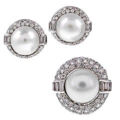 Vintage Pearl Diamond White Gold Ring/Earrings Suite