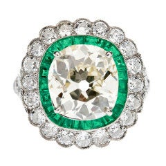 Vintage 4.30ct Old European Cushion Cut Diamond Emerald 'Halo' Ring