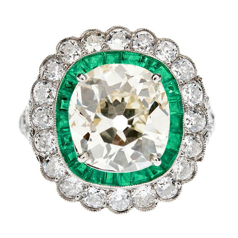 4.30ct Old European Cushion Cut Diamond Emerald 'Halo' Ring
