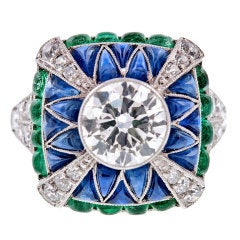 Fine Old European Cut Diamond Emerald Sapphire Handmade Ring