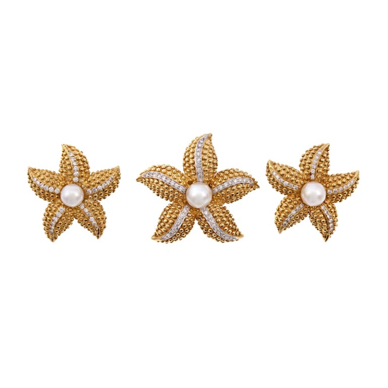 Women's Pearl Diamond Gold Earring and Three Brooch Suite