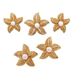 Pearl Diamond Gold Earring and Three Brooch Suite