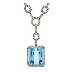 Aquamarine Diamond Platinum Long Drop Necklace