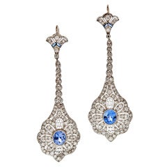 Sapphire Diamond Platinum Filigree Dangle Earrings