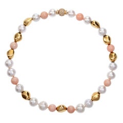 Pearl Coral Bead Diamond Yellow Gold Bead Necklace Pearl Coral Bead Diamond Yellow Gold Bead Necklace