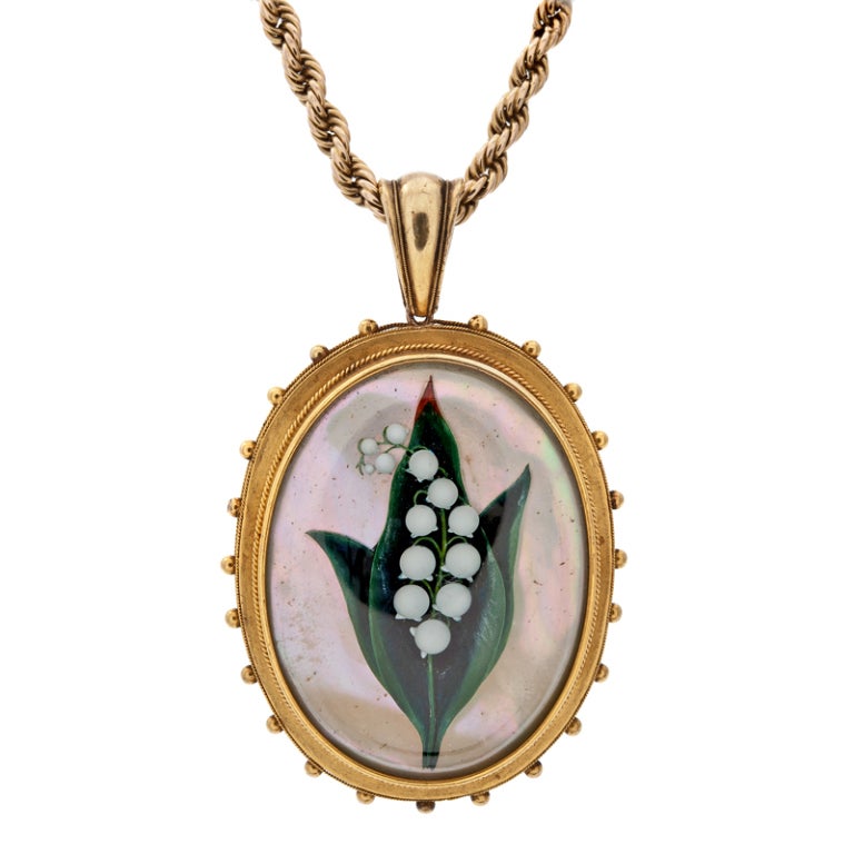 A 18K Yellow Gold, Mother-of-Pearl, Reverse-Painted Rock Crystal Locket - Handmade, Amazing 3-Dimensional reverse painted Lily of the Valley, 2.8 inches vertical from top of bail by 1.75 inches wide, circa 1890