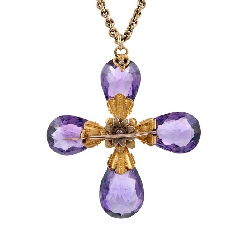 Etruscan Briolette Amethyst Gold Victorian Cross Pendant/Brooch